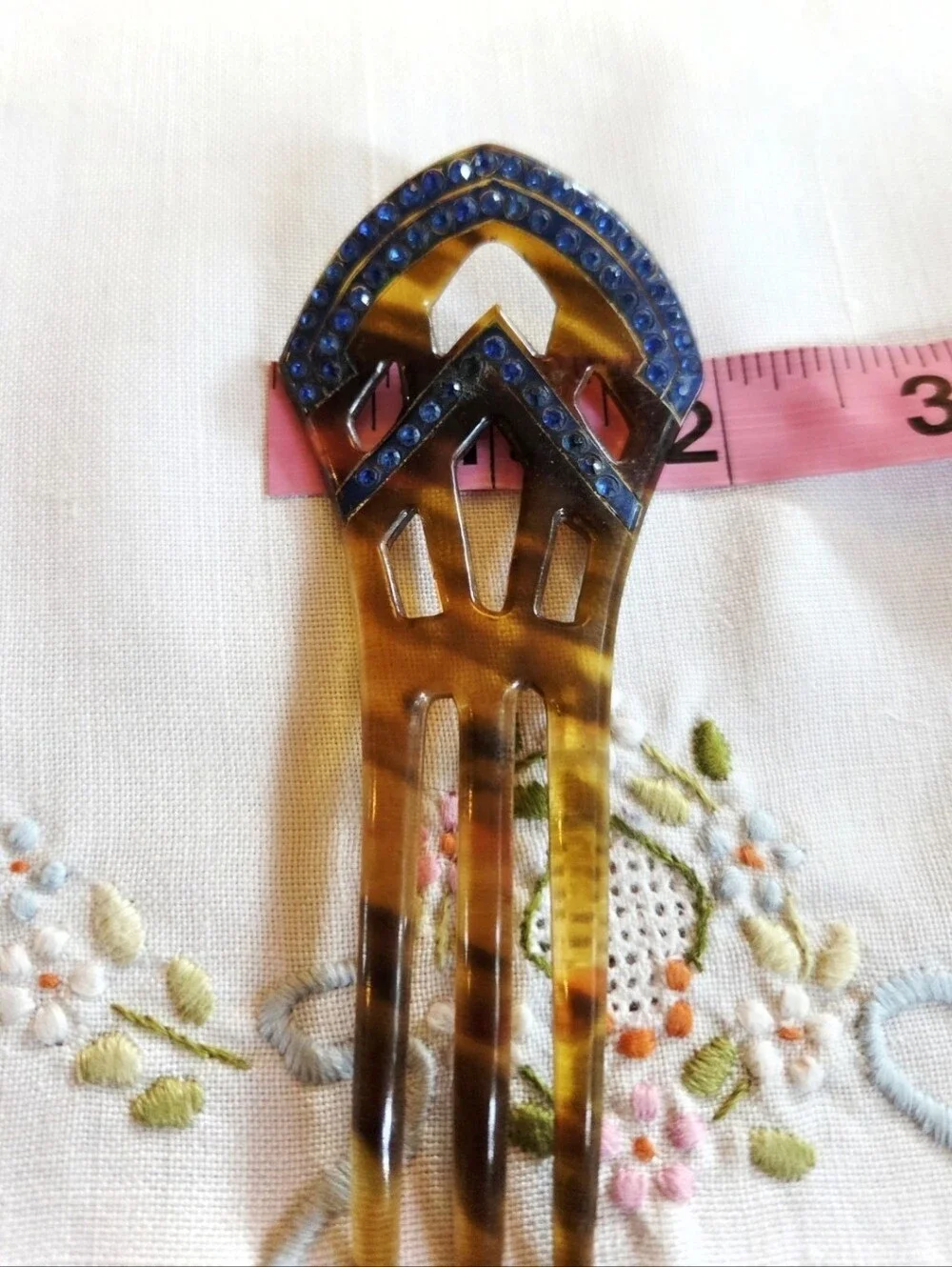 Vintage French Art Deco Celluloid Tortoise Blue Rhibestone Hair Comb